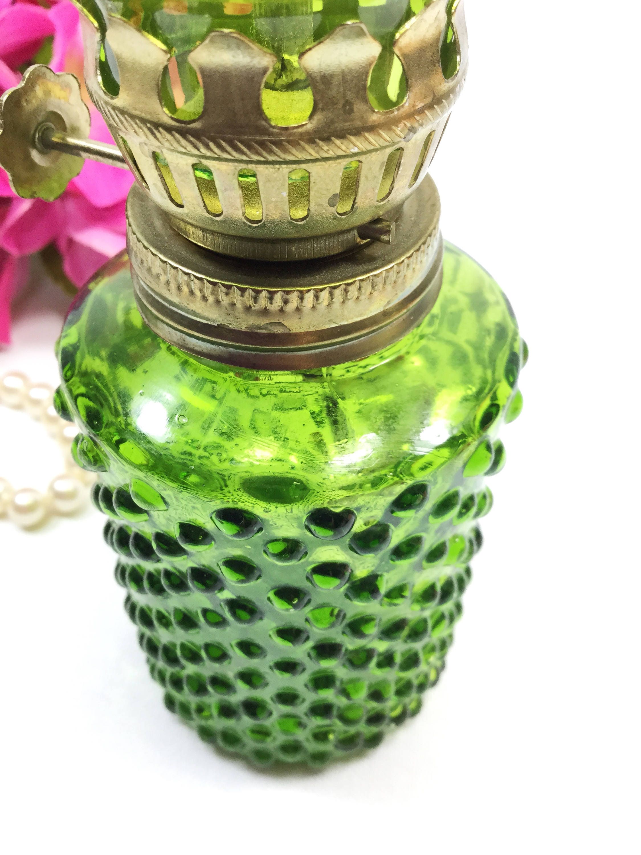 Green Hobnail Mini Oil Lamp, Green Glass Oil Lamp, Shabby Chic Cottage