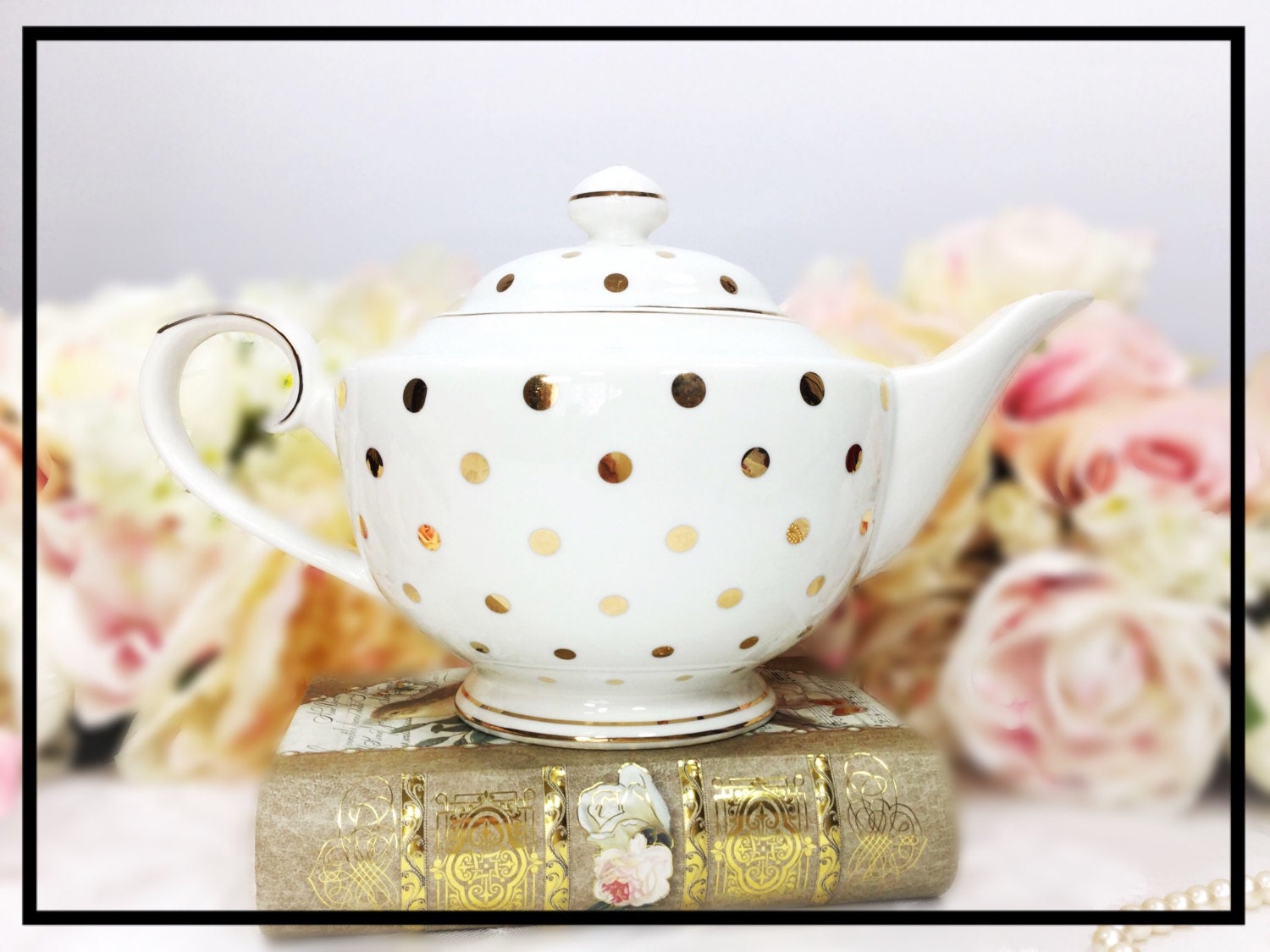 Gold Polka Dot Porcelain Teapot for Tea Set, Tea Party, Wedding. Grace