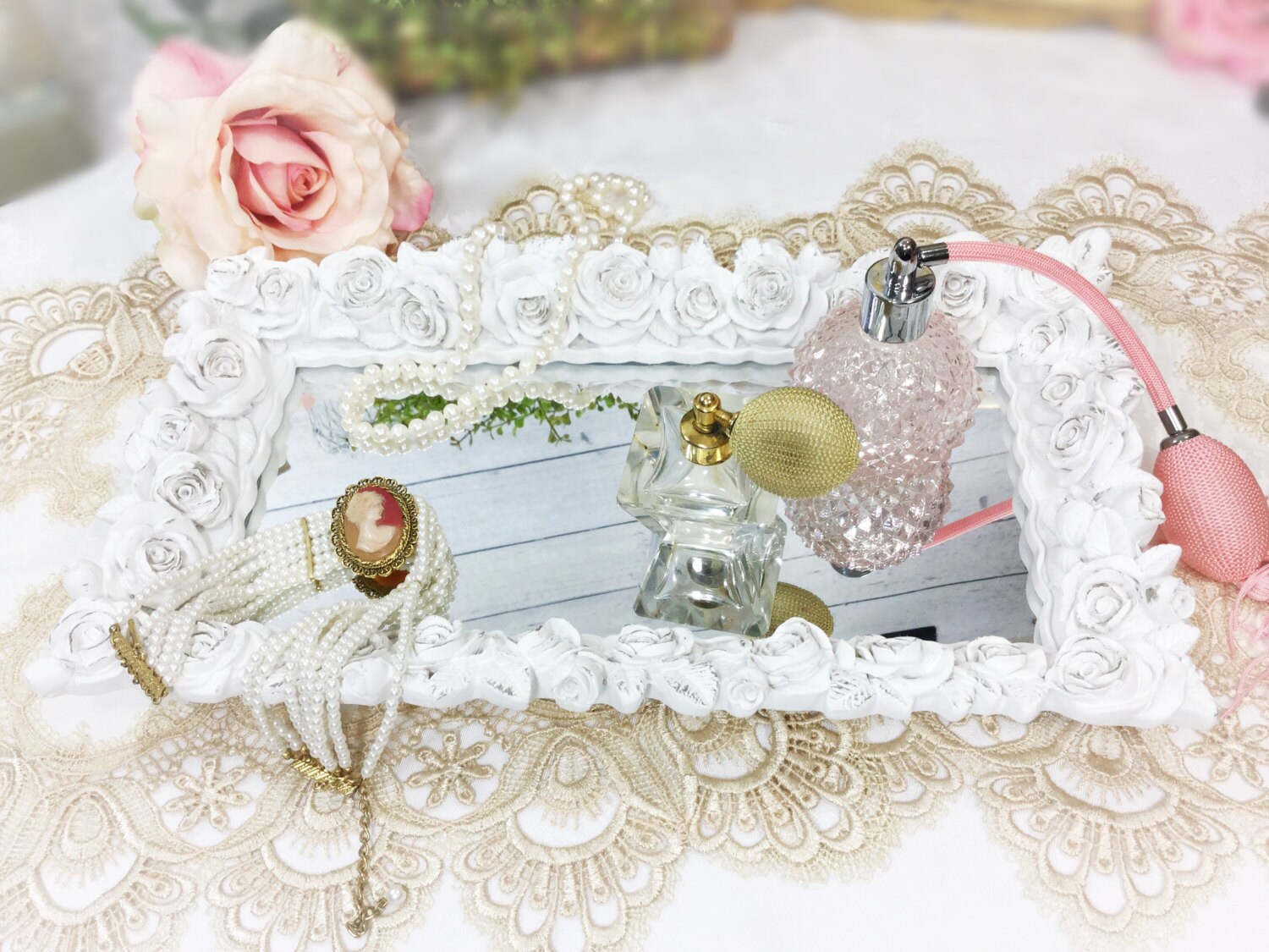 White Rose Shabby Chic Floral Display Tray Vanity Dresser Tray Boudoir Mirror Dresser Tray Perfume Tray Home Decor Photo Prop 982