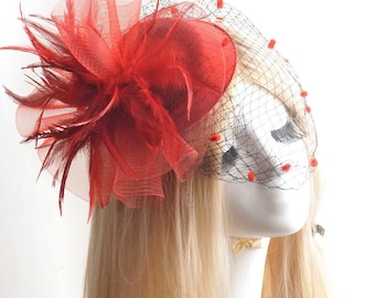 RED Feather Fascinator Hair Clip, Pillbox Tea Hat, Sinamay Headpiece #515