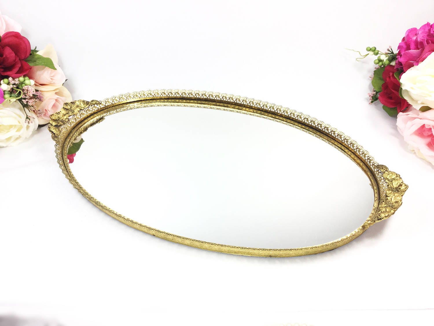 Gold Plated Ormolu Filigree Vanity Mirror Dresser Tray Gold