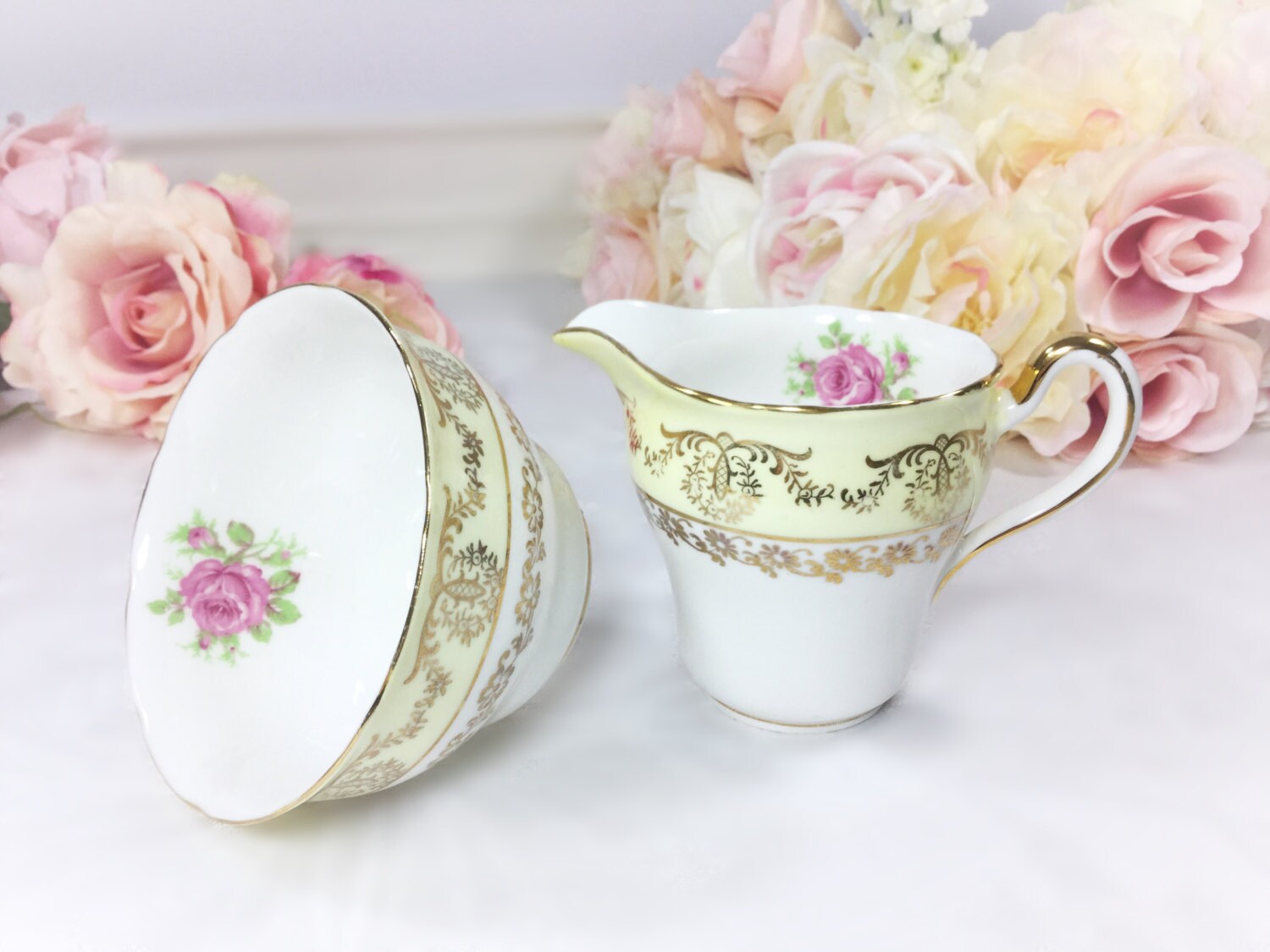 Yellow Gilt Balfour English Sugar Bowl & Creamer, Floral Gold Filigree