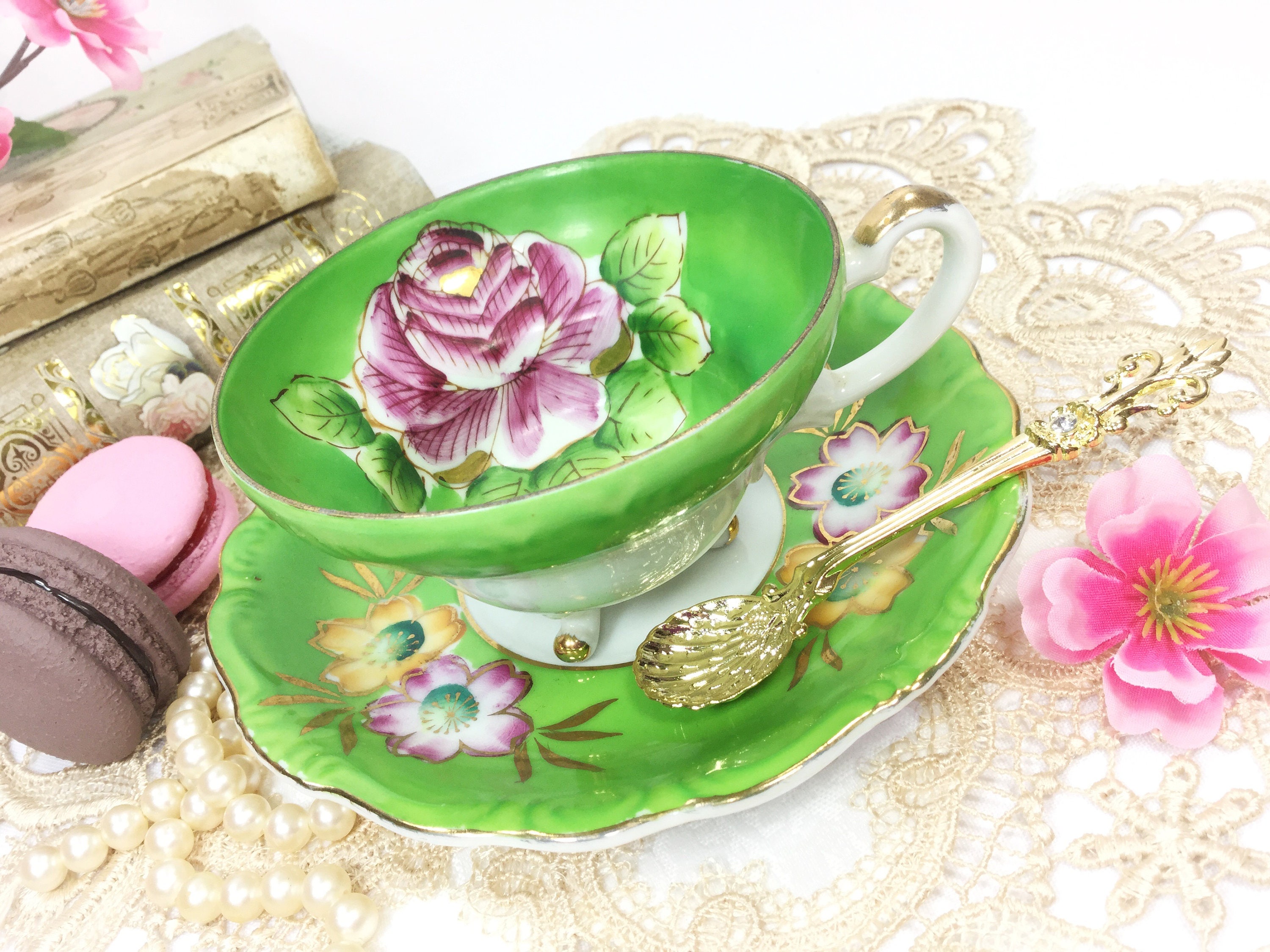 Lovely Green Handpainted Floral 3Footed China Teacup, and Saucer