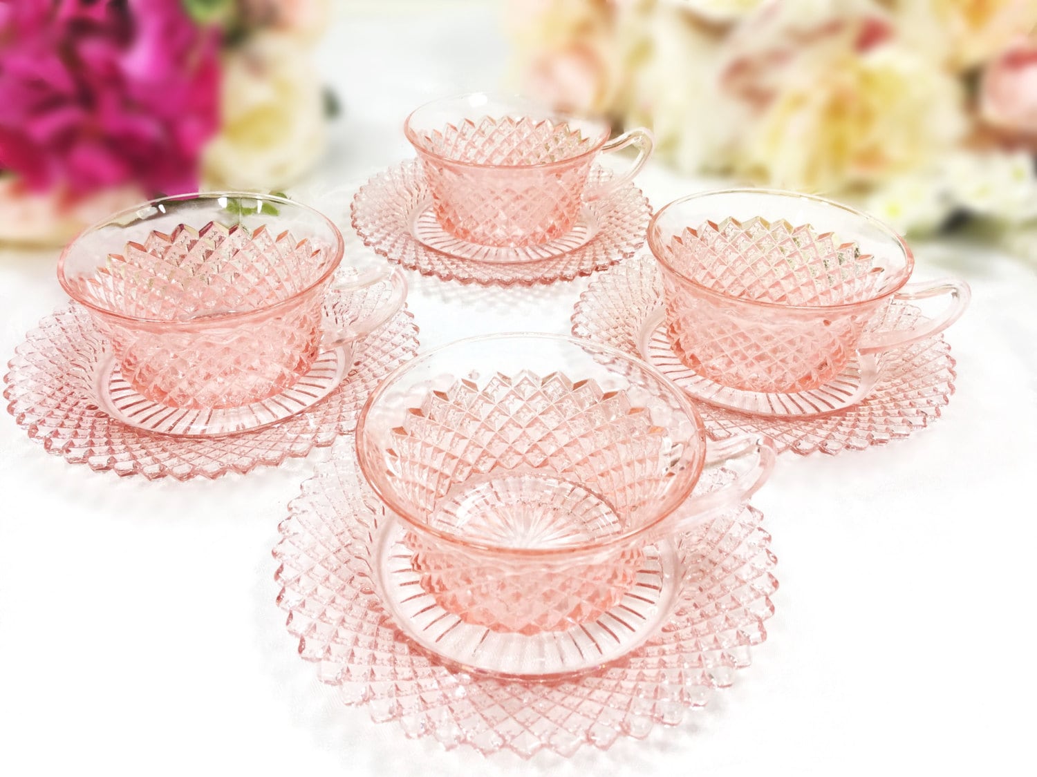 Pink Depression Glass Cambridge Tea Set - Vintage Set 6 Blush Glassware Cup  and Saucers - Antique Pink Glass Cups Octagon Matching Saucers