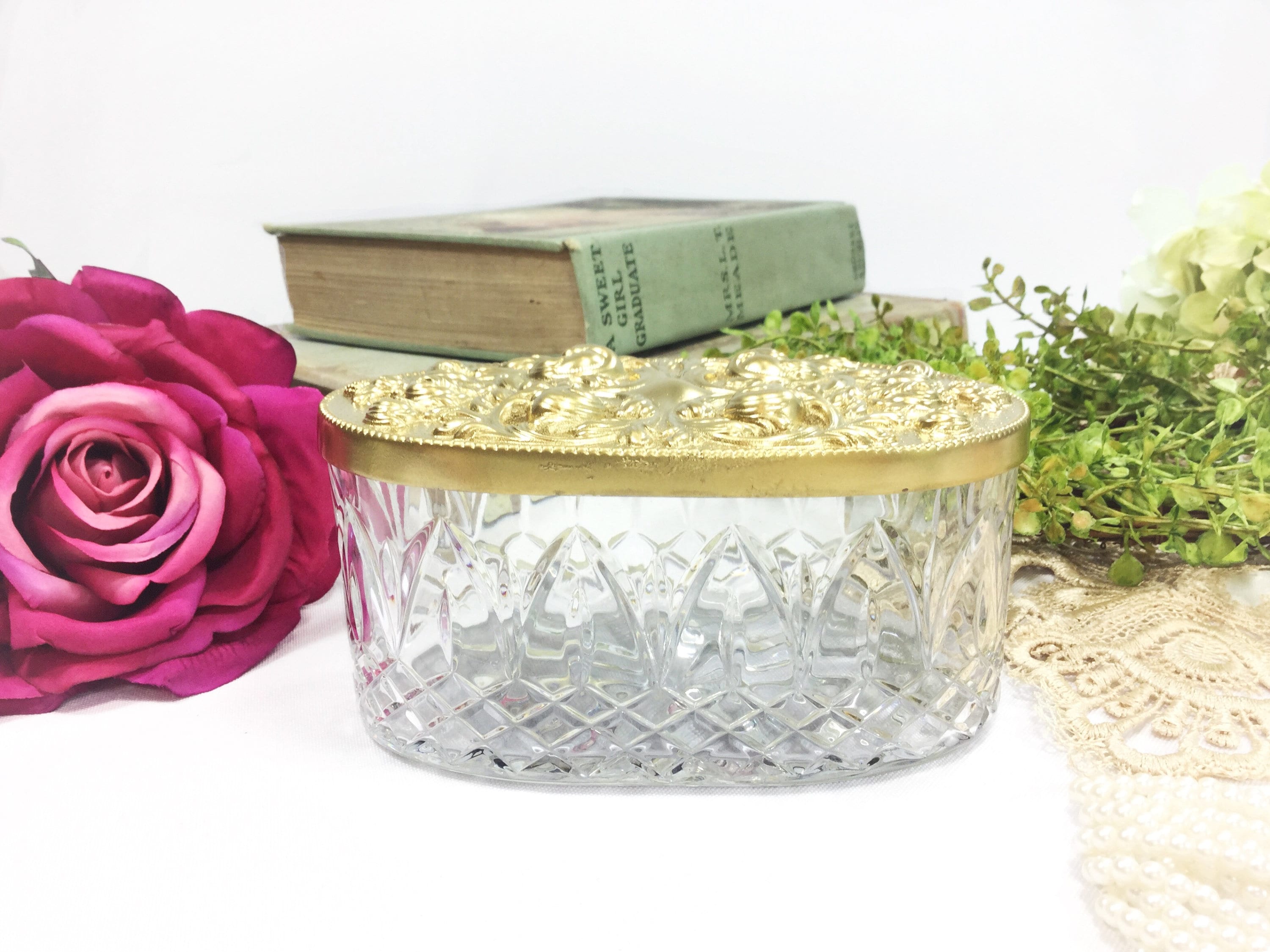 Large Crystal Ornate Powder Jar, Glass Vanity Jar W/ Gold Lid, Boudoir