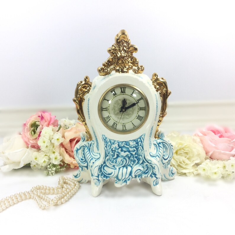 Vintage Lanshire Movement Porcelain Mantle Clock Gold and Etsy