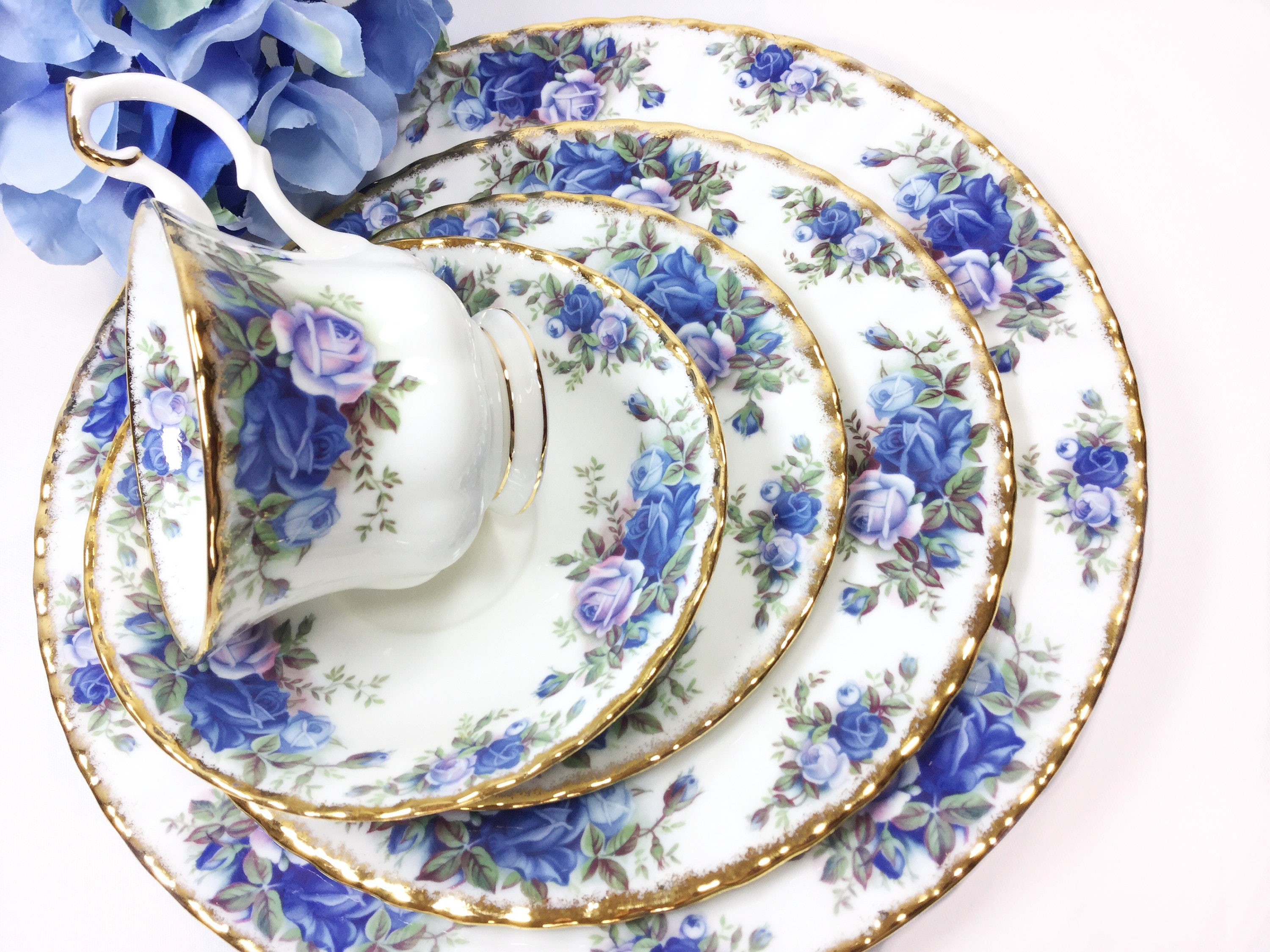Royal Albert Moonlight Rose 5 Piece Place Set, English Bone China Tea Cup, Saucer, Dessert