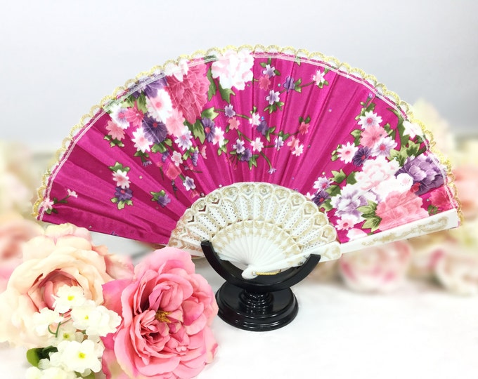 Pink Rhinestone & Floral Lace Floral Folding Fan For Weddings, Dress up, Bridal Showers, Gift, Tea Party, Tea Time, Church #A628