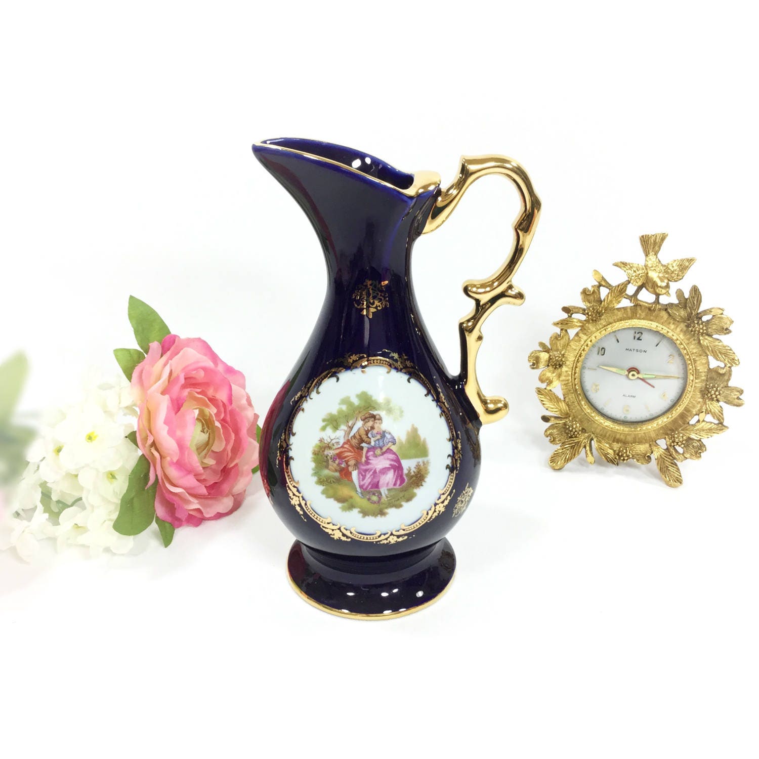 Cobalt Blue Limoges Fragonard Small Pitcher, Blue Fragonard Limoges