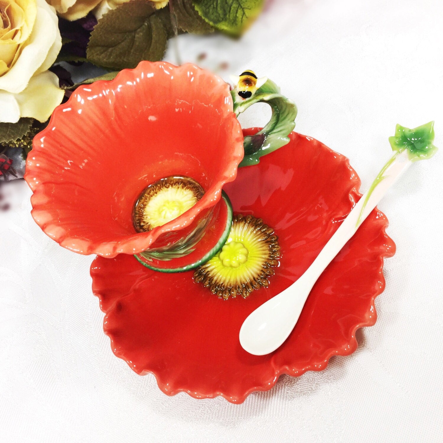 Ceramic Red Flower Tea Trio, Tea Service, Tea Set Cup, Saucer, Spoon