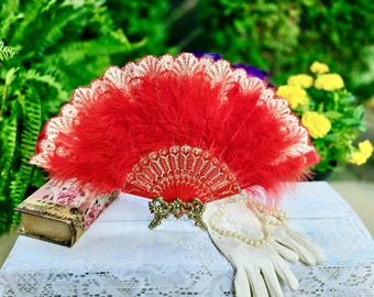 Red Gold Spanish Feather Folding Fan, Vintage Bridal Accessory