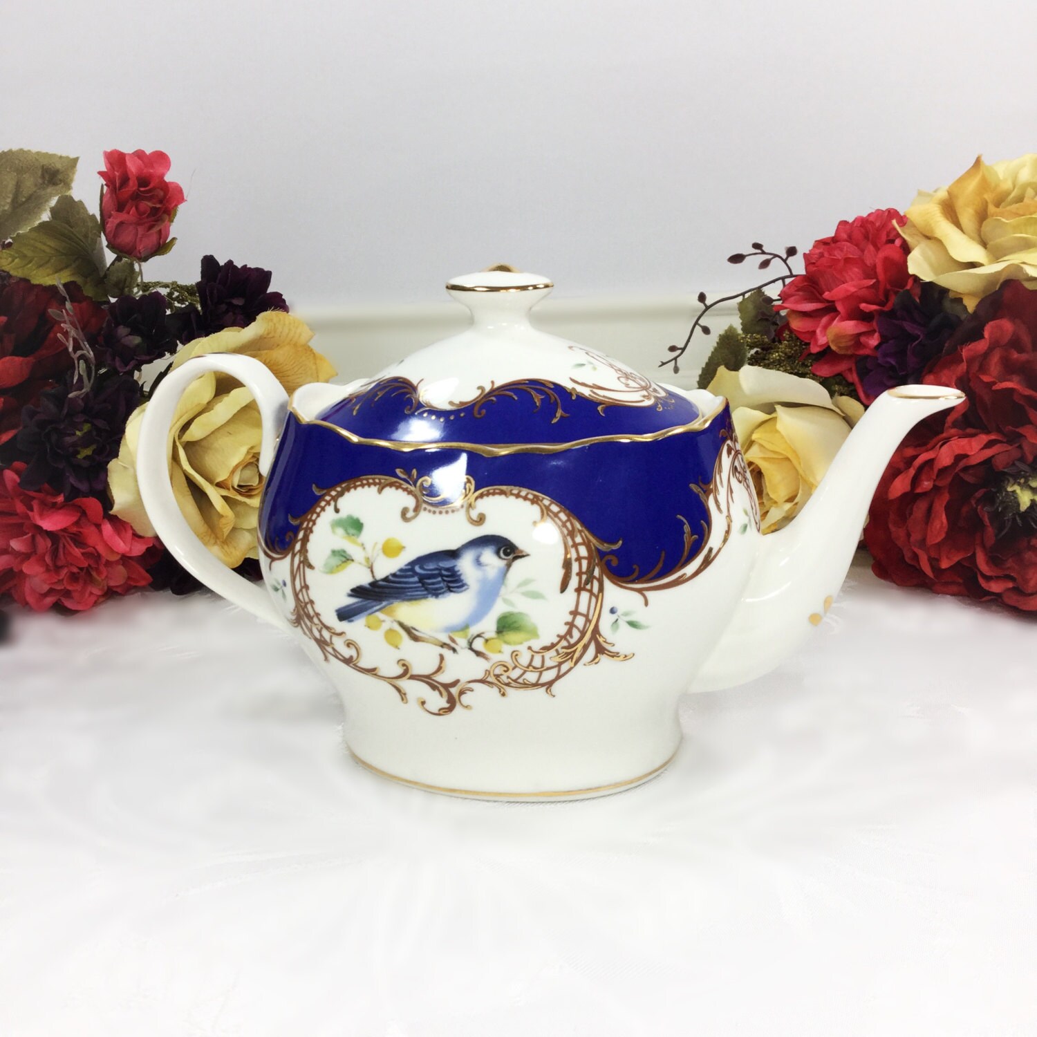 Birds Royal Blue Porcelain Teapot for Tea Set, Tea Party, Wedding. Grace's Teaware Porcelain
