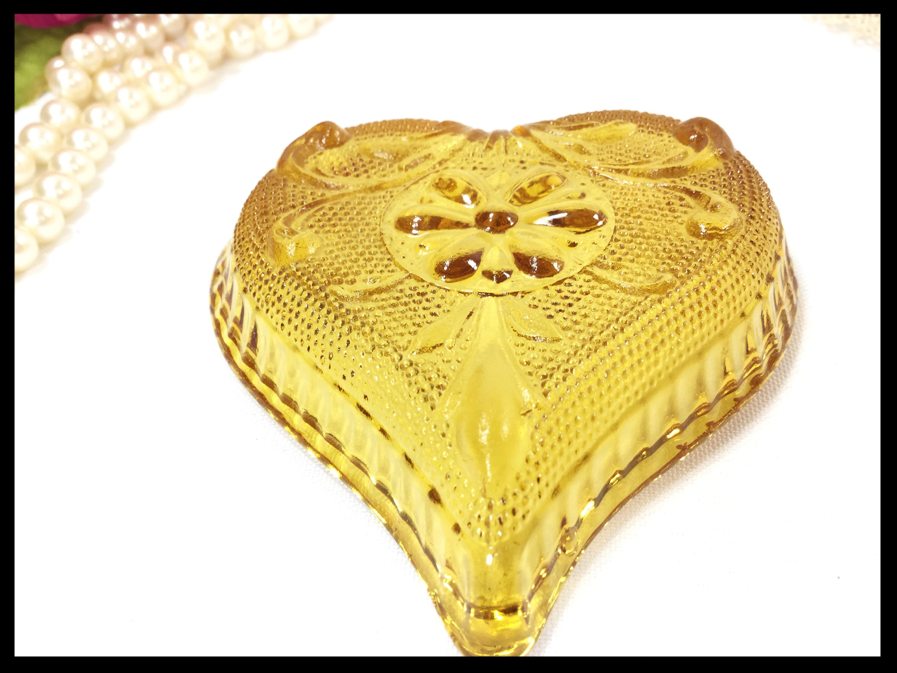 Set of 2 Amber Tiara Heart Shaped Dishes, Garish Dish, Amber Tiara Nut