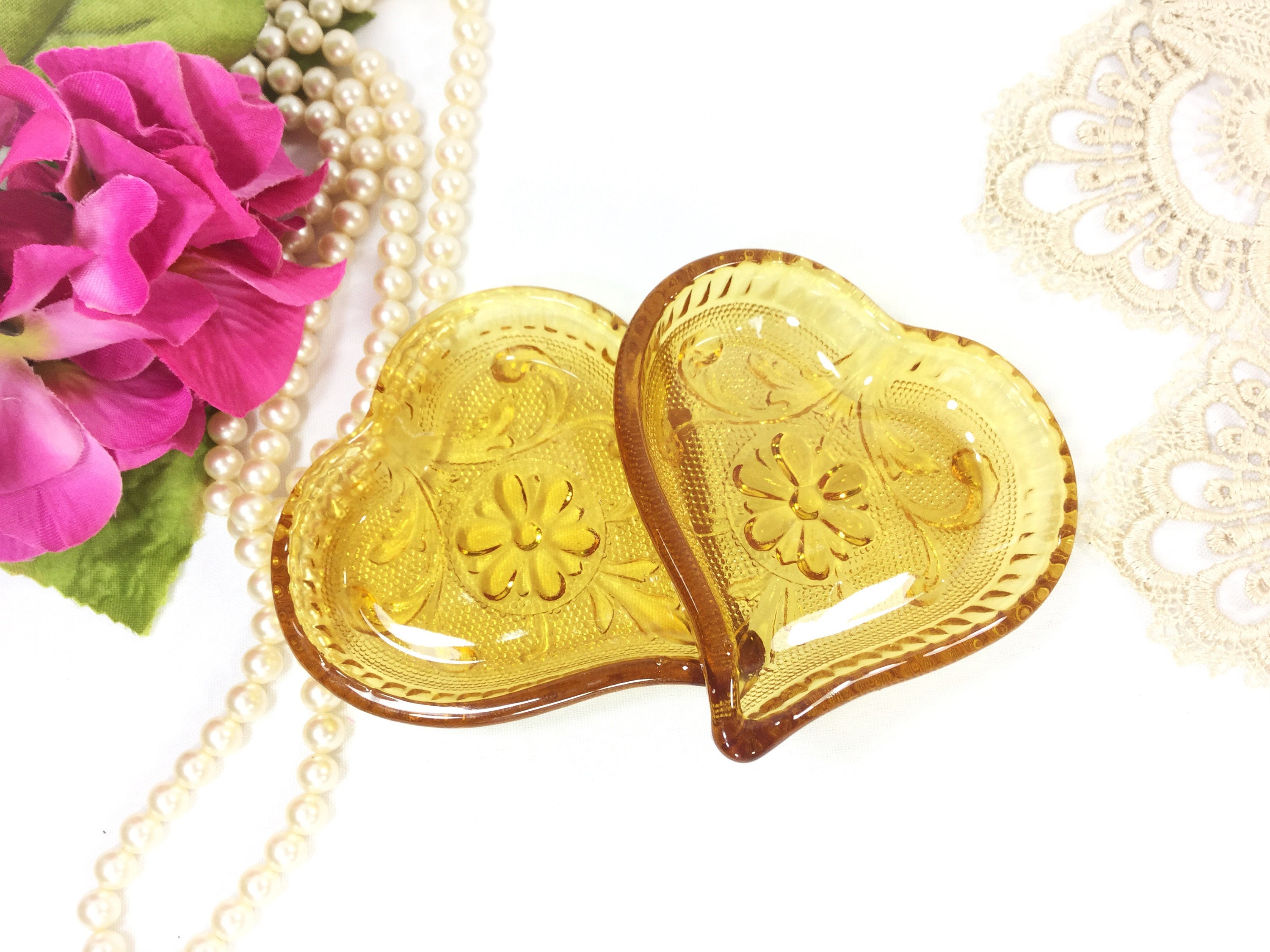 Set of 2 Amber Tiara Heart Shaped Dishes, Garish Dish, Amber Tiara Nut