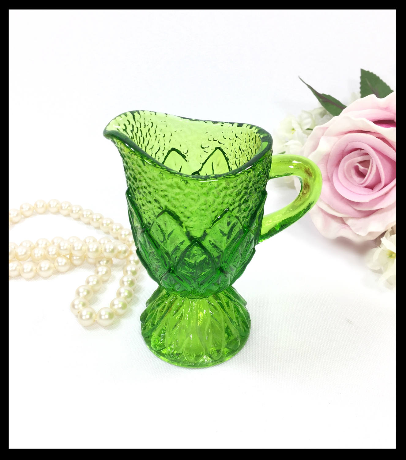 Vintage Green Glass Toothpick Holder, Green Glass Bud Vase, Green Leaf