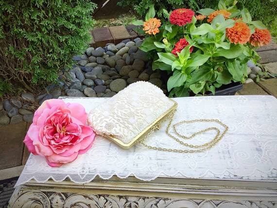 Vintage Ivory Beaded Evening Bag, Ivory Beaded Ha… - image 1