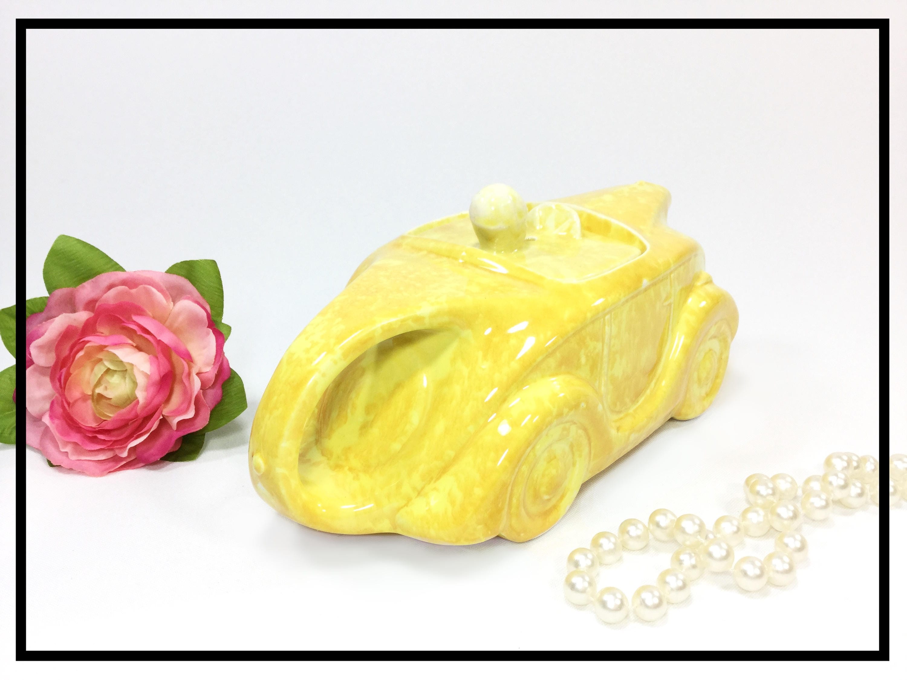 Mottled Yellow Sadler Racing Car Teapot, Art Deco Car Teapot