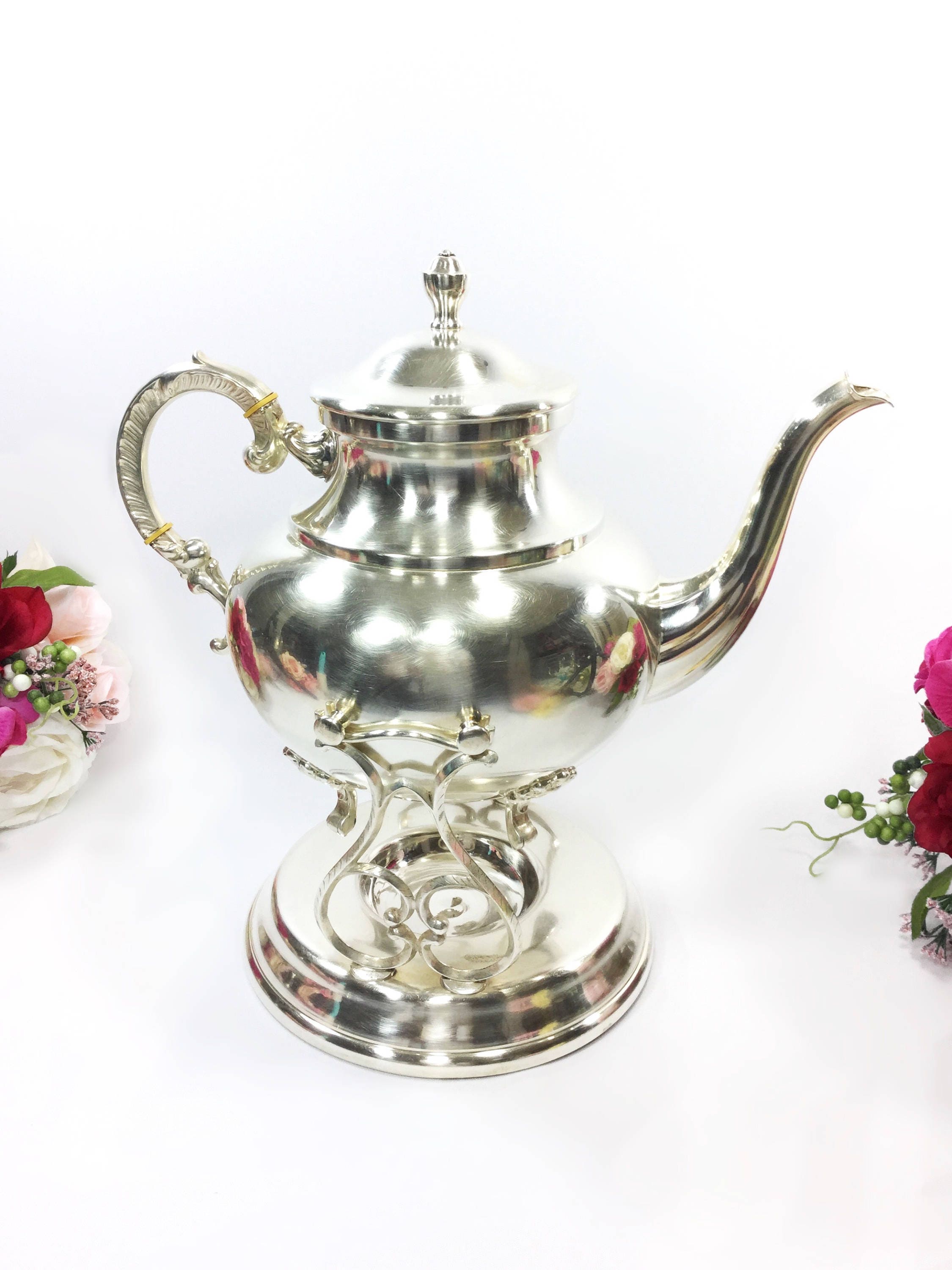 Large Alpaka Triple Silver Plated Tilting Teapot, Silver Tilting Teapot W/Stand, Silver Tilting