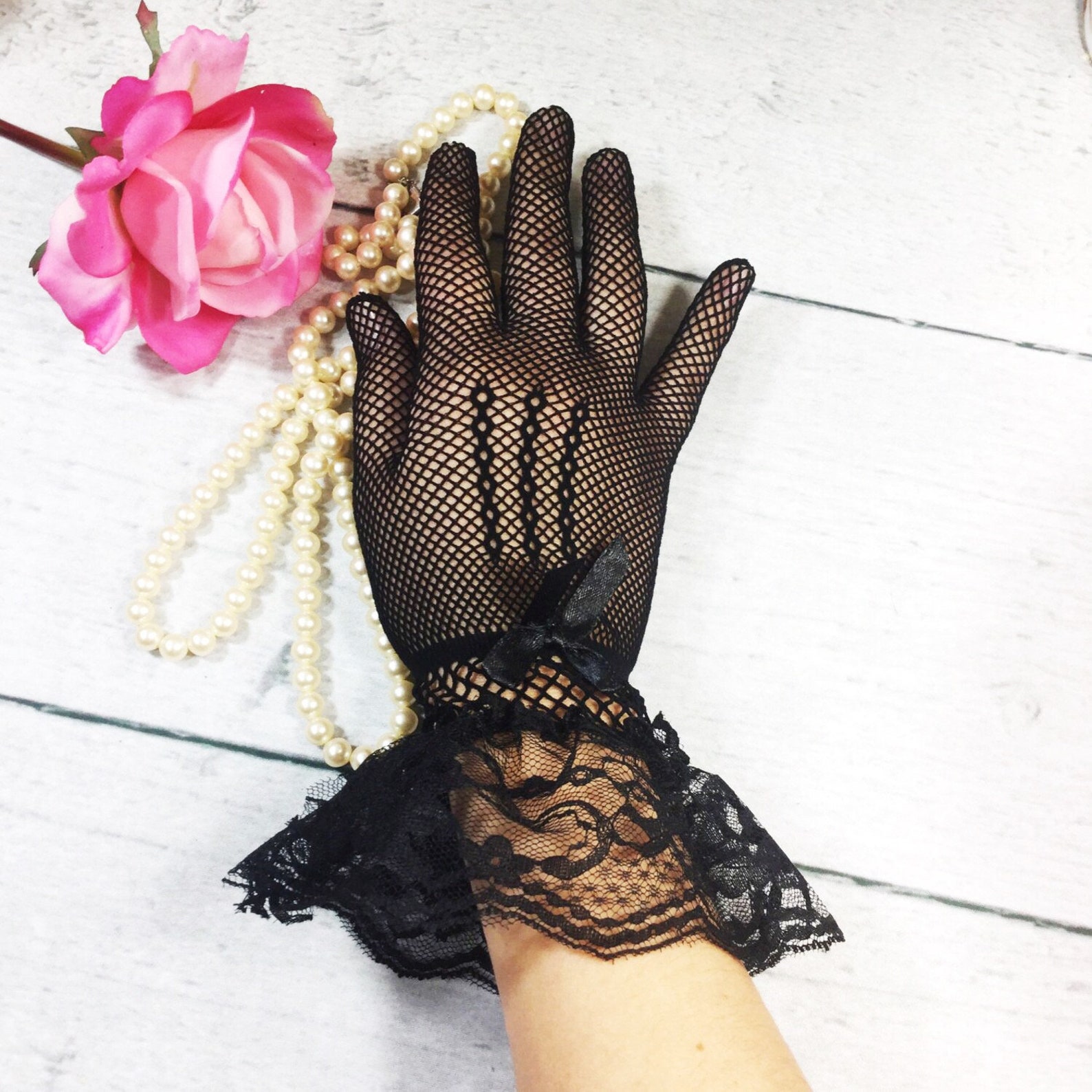 Ladies Black Lace Above Wrist Length Gloves W/ Lace Etsy