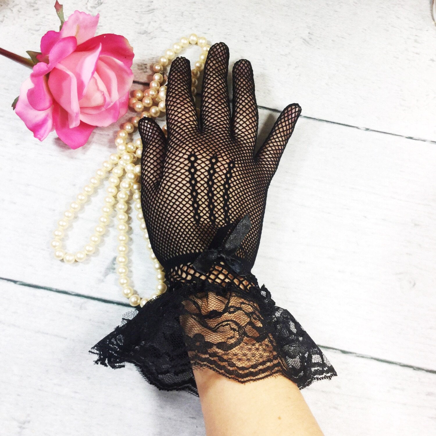 Ladies Black Lace Above Wrist Length Gloves W/ Lace Ruffle
