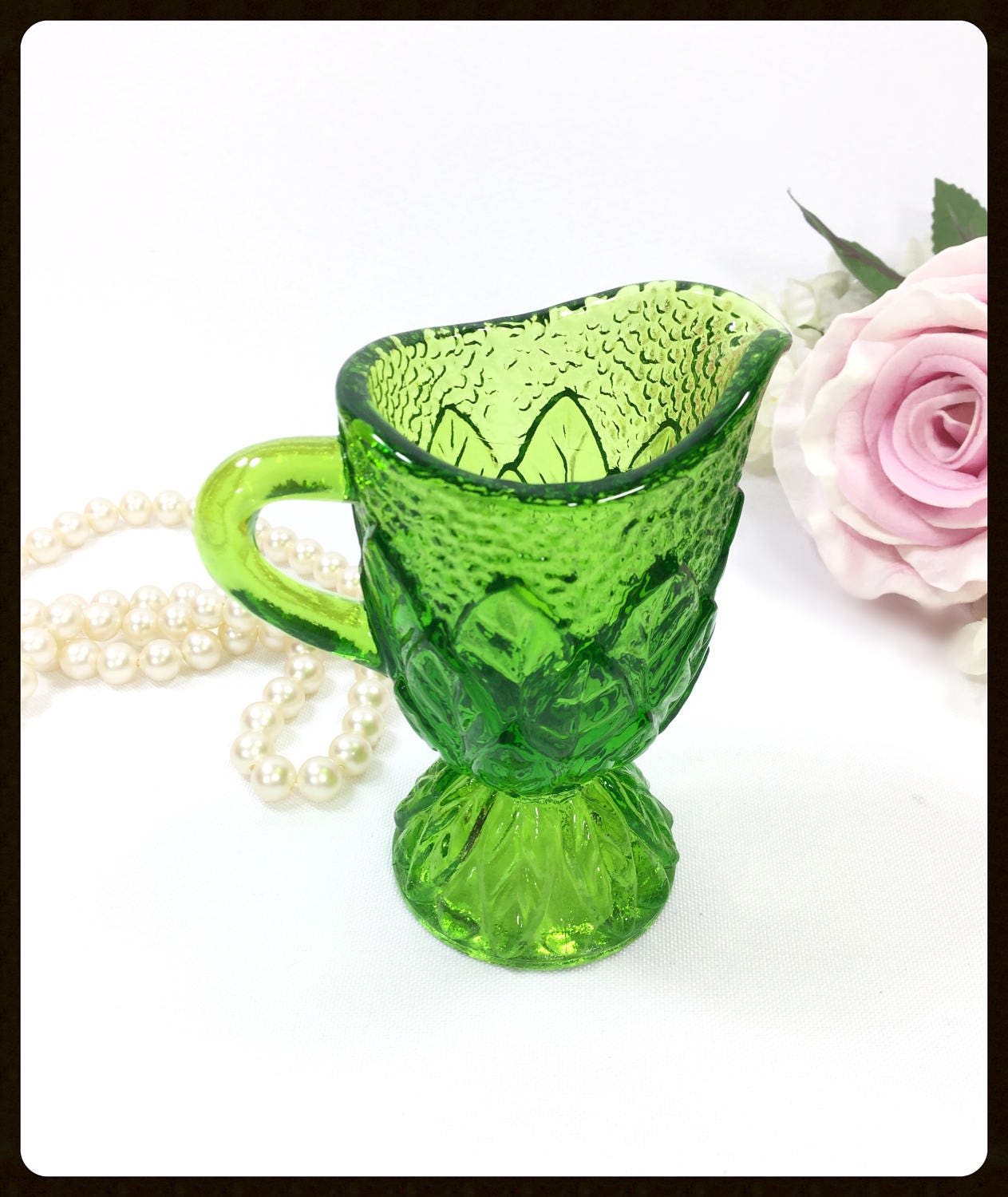 Vintage Green Glass Toothpick Holder, Green Glass Bud Vase, Green Leaf