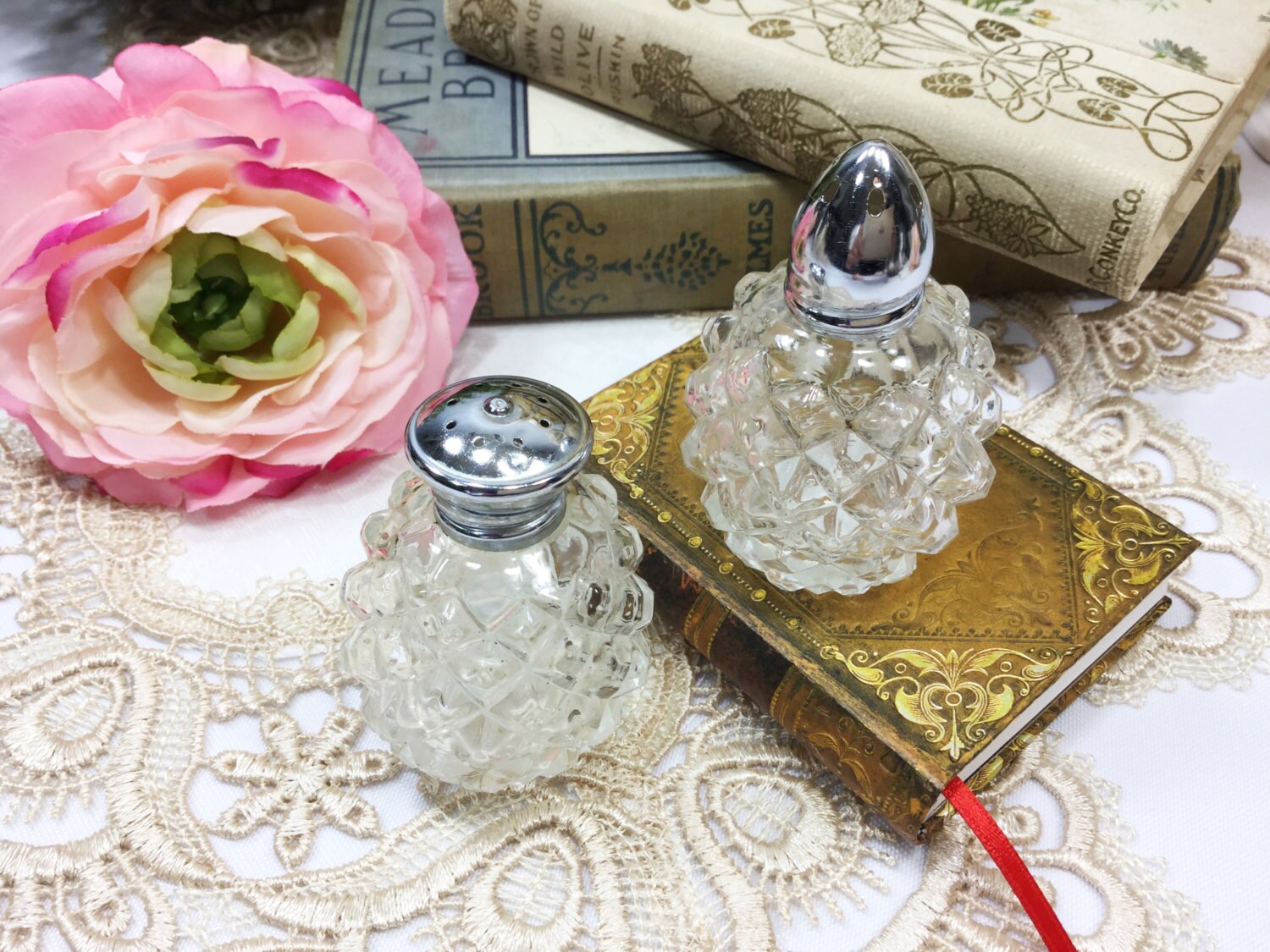 Vintage Picnic Mini Silver Salt and Pepper Shaker, Romantic Setting