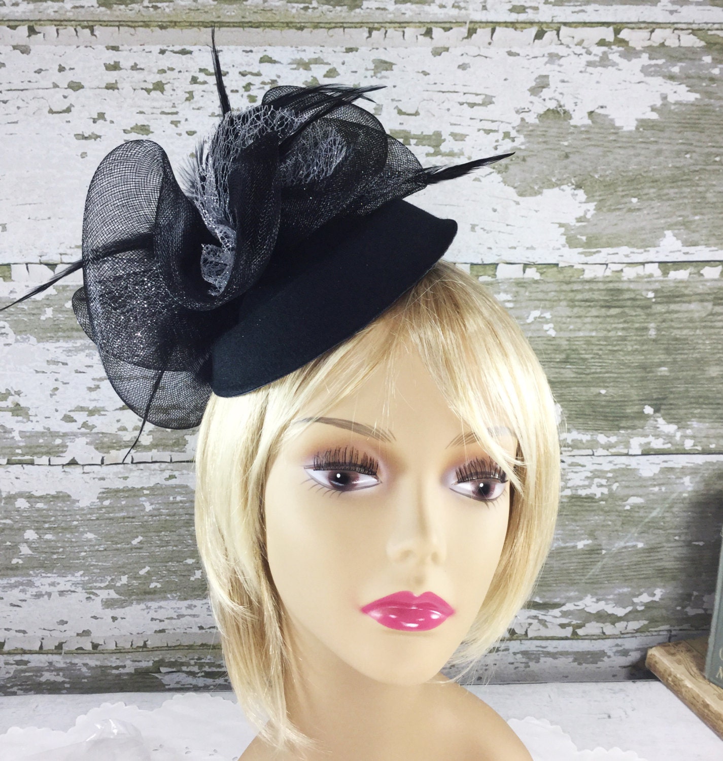 Black Feather and Silver Fascinator Hair Clip Pillbox Tea Hat Sinamay