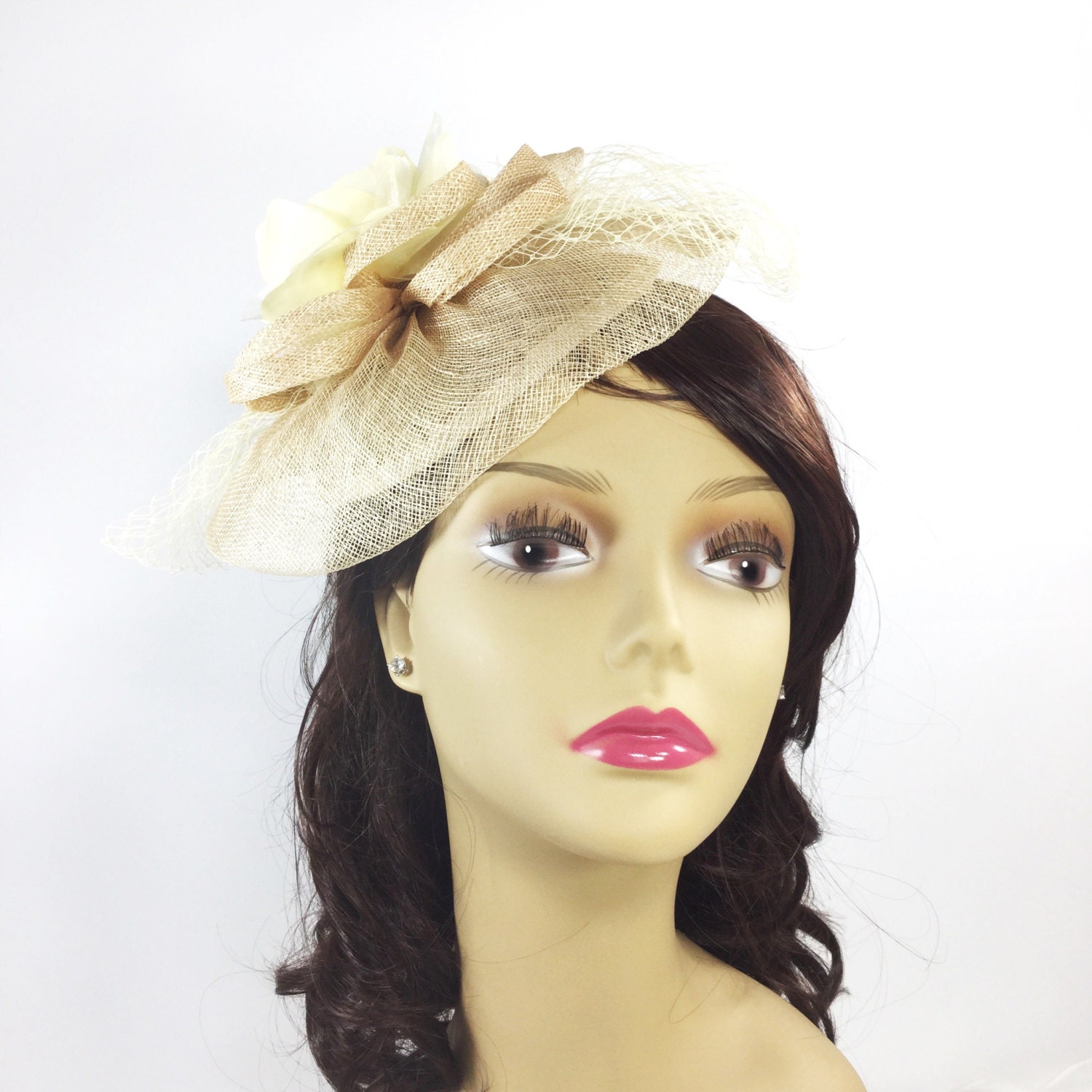 Champagne Fascinator, Ivory Head Band, Pillbox, Tea Hat, Champagne