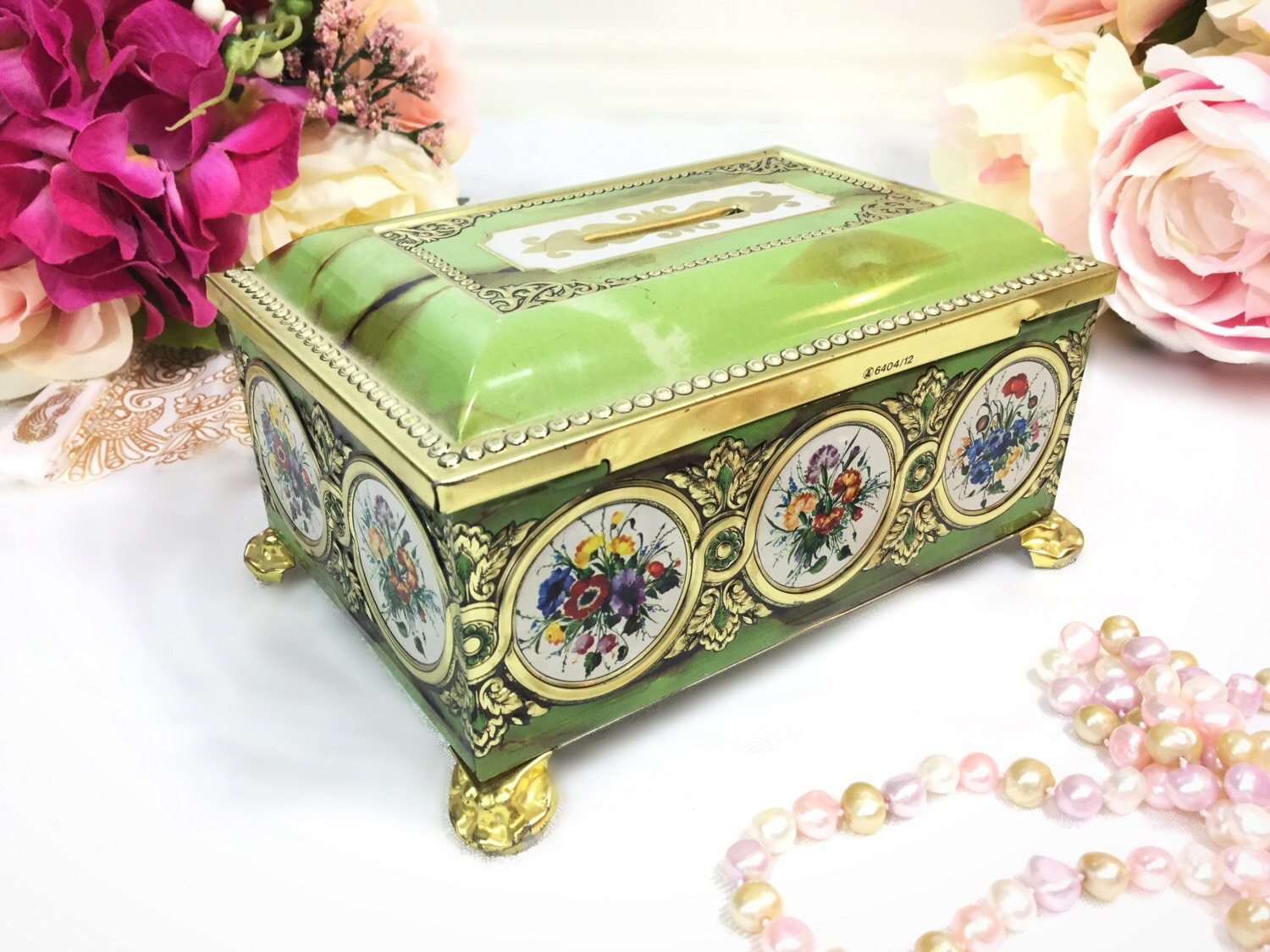 German Tin Floral Trinket Box, German Green Jewlery Box, Ring Box