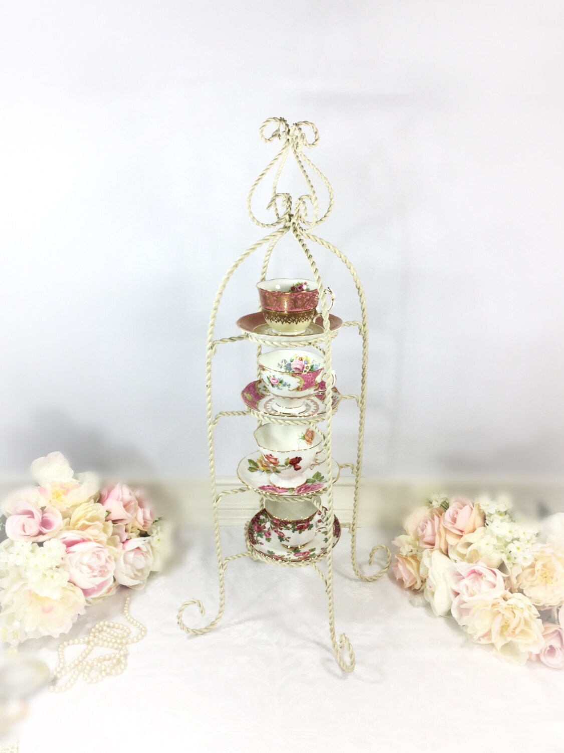 XL 4 Tier Twisted Metal Shabby Chic Tea Cup and Saucer Display Stand