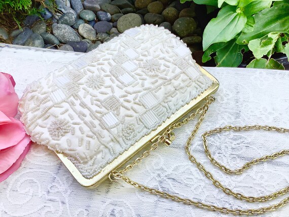 Vintage Ivory Beaded Evening Bag, Ivory Beaded Ha… - image 3