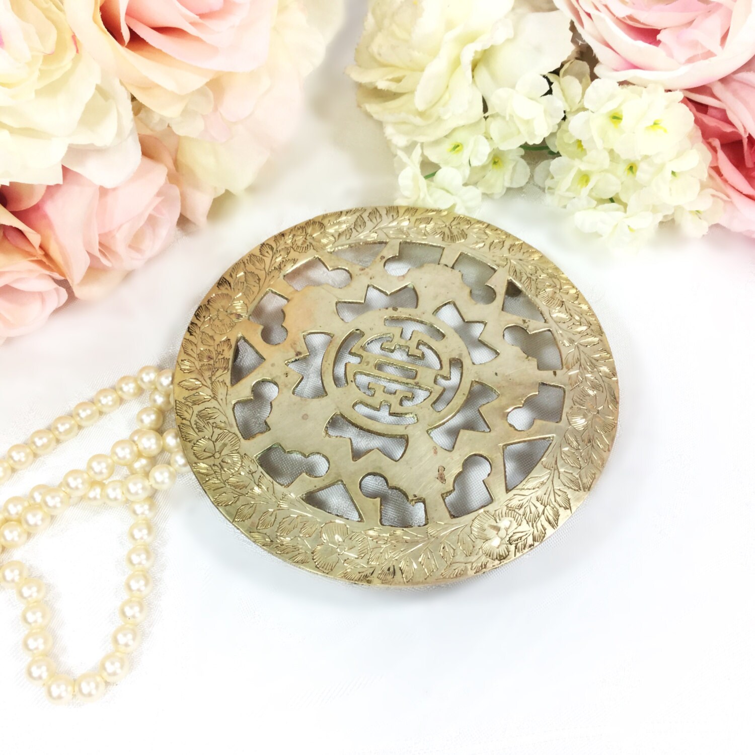 VINTAGE Brass Gold Trivet, Brass Trivet, Brass Floral Trivet