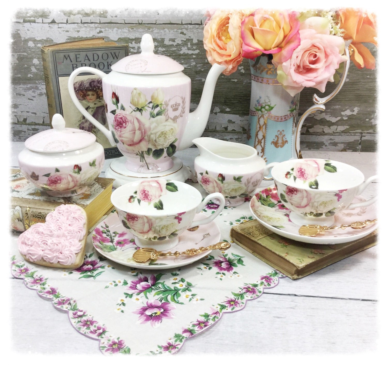 Chic 9 Piece Pink Floral Shabby Chic Teapot Sugar Bowl Creamer 2 Piece