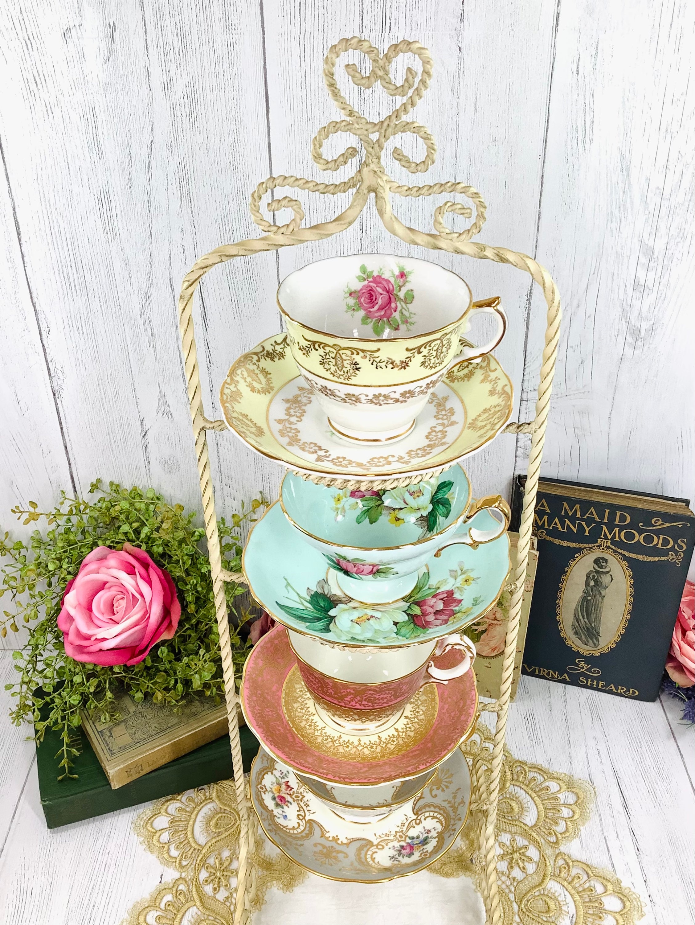 4 Tier Twisted Metal Shabby Chic Tea Cup and Saucer Display Stand, Tea