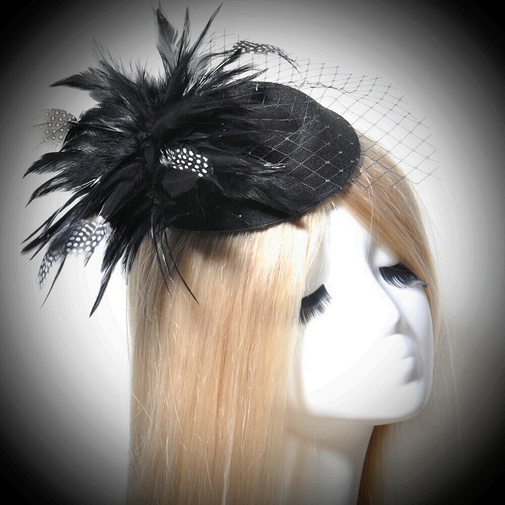 Black Feather Fascinator Hair Clip Pillbox Hat Sinamay