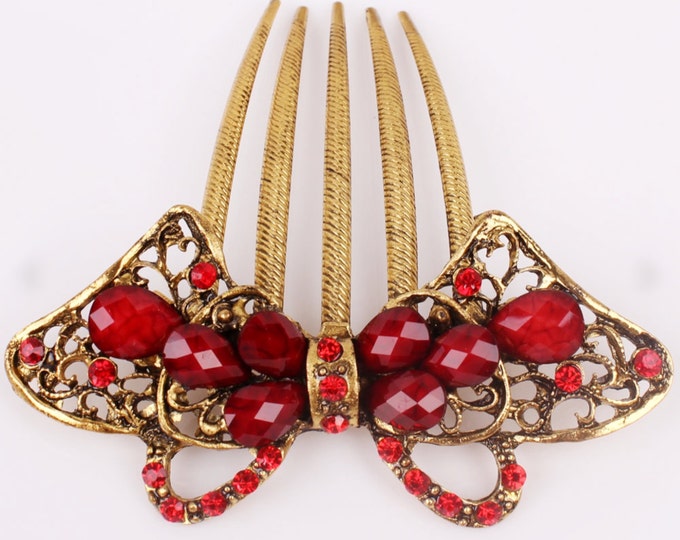 Austrian Crystal Red & Gold Colored Hair Comb Pin, Hair Jewelry, Bridesmaid, Gift #A354