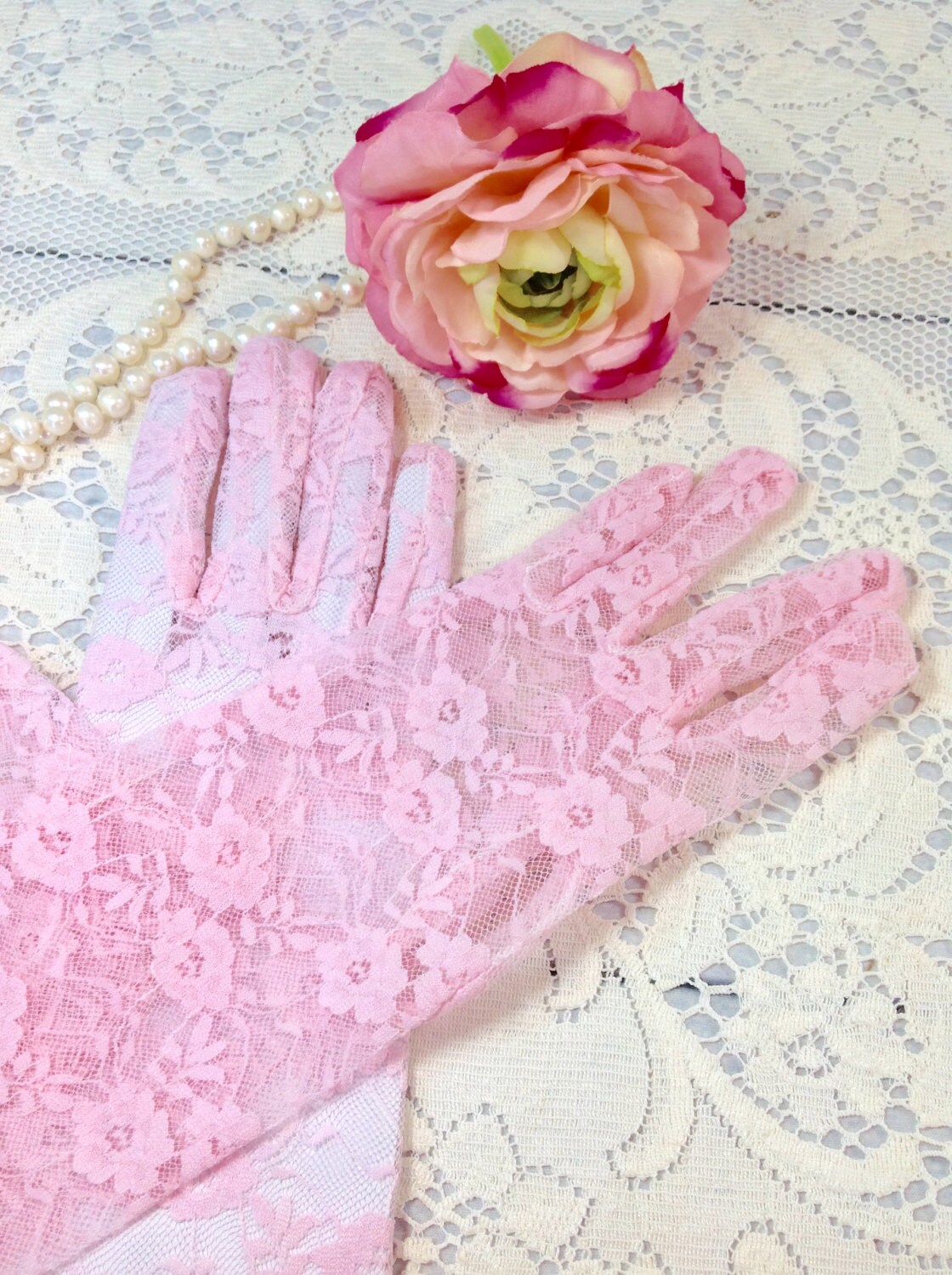 ELBOW Length Ladies Pink Lace Gloves Perfect for Wedding, Tea Party