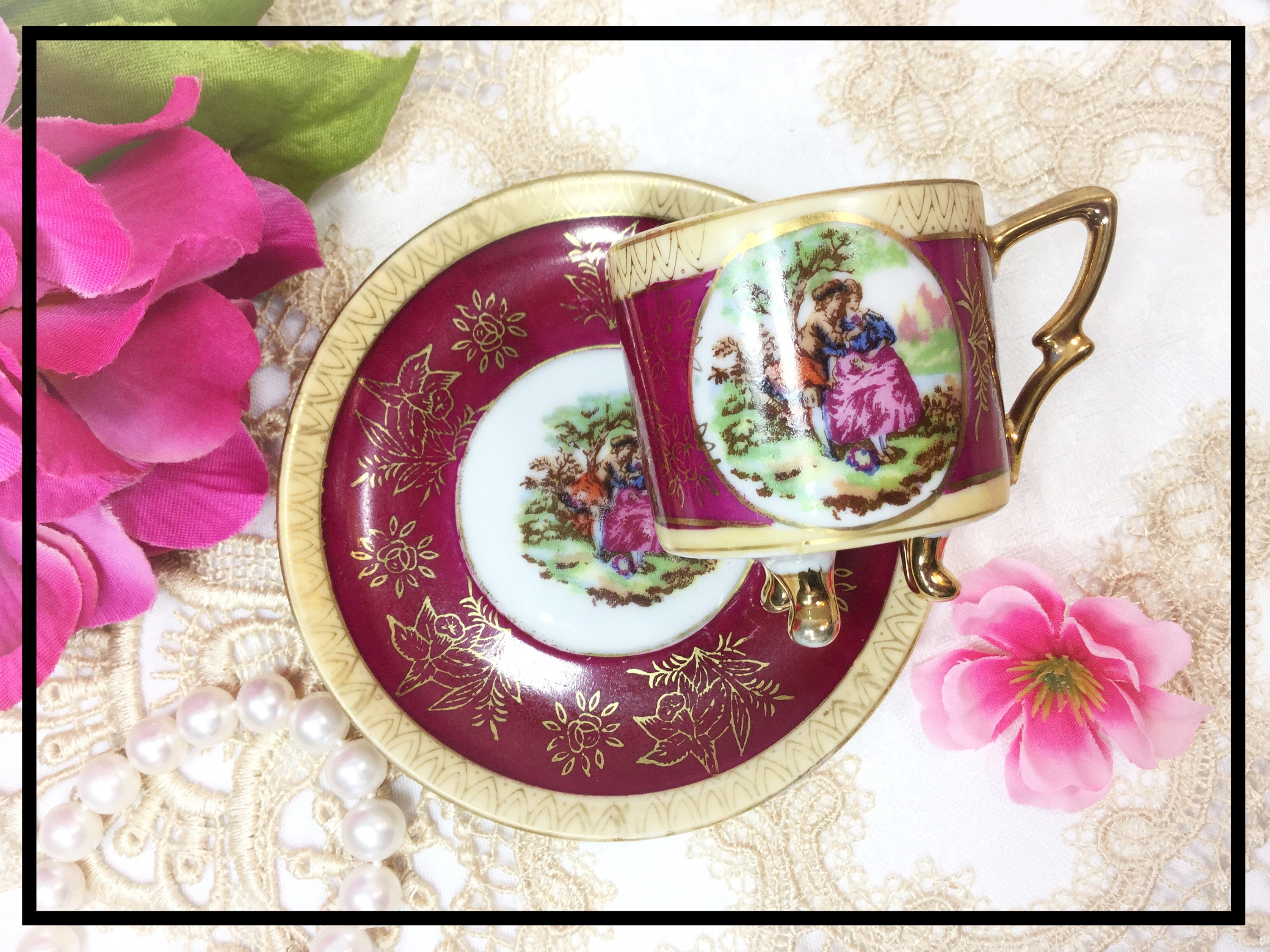 Beautiful Courting Couple Footed Cup & Saucer, Love Story Tea Set