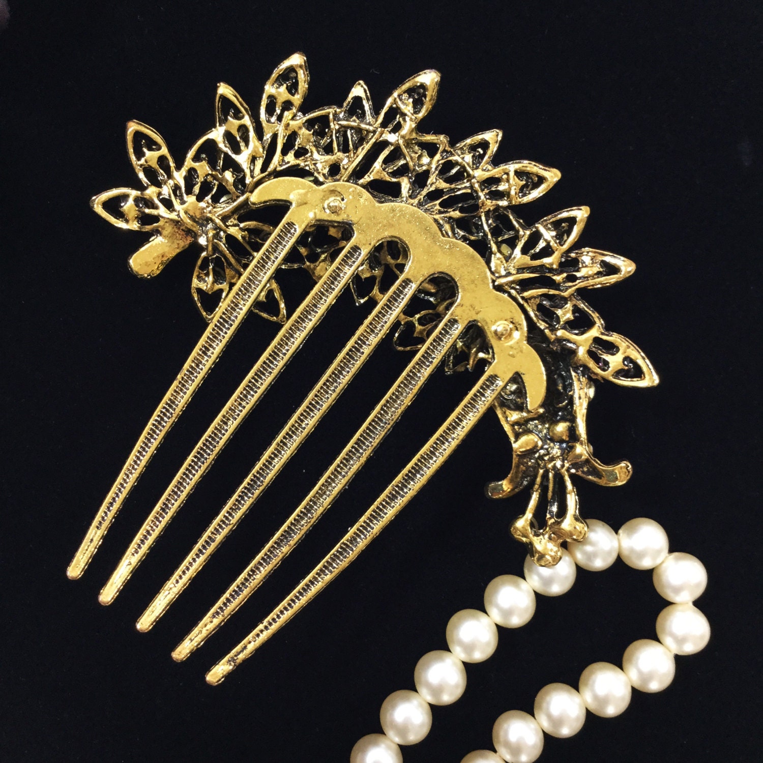 Purple Rhinestone Antique Gold 5 Tooth Hair Comb, Hair Pin for Wedding