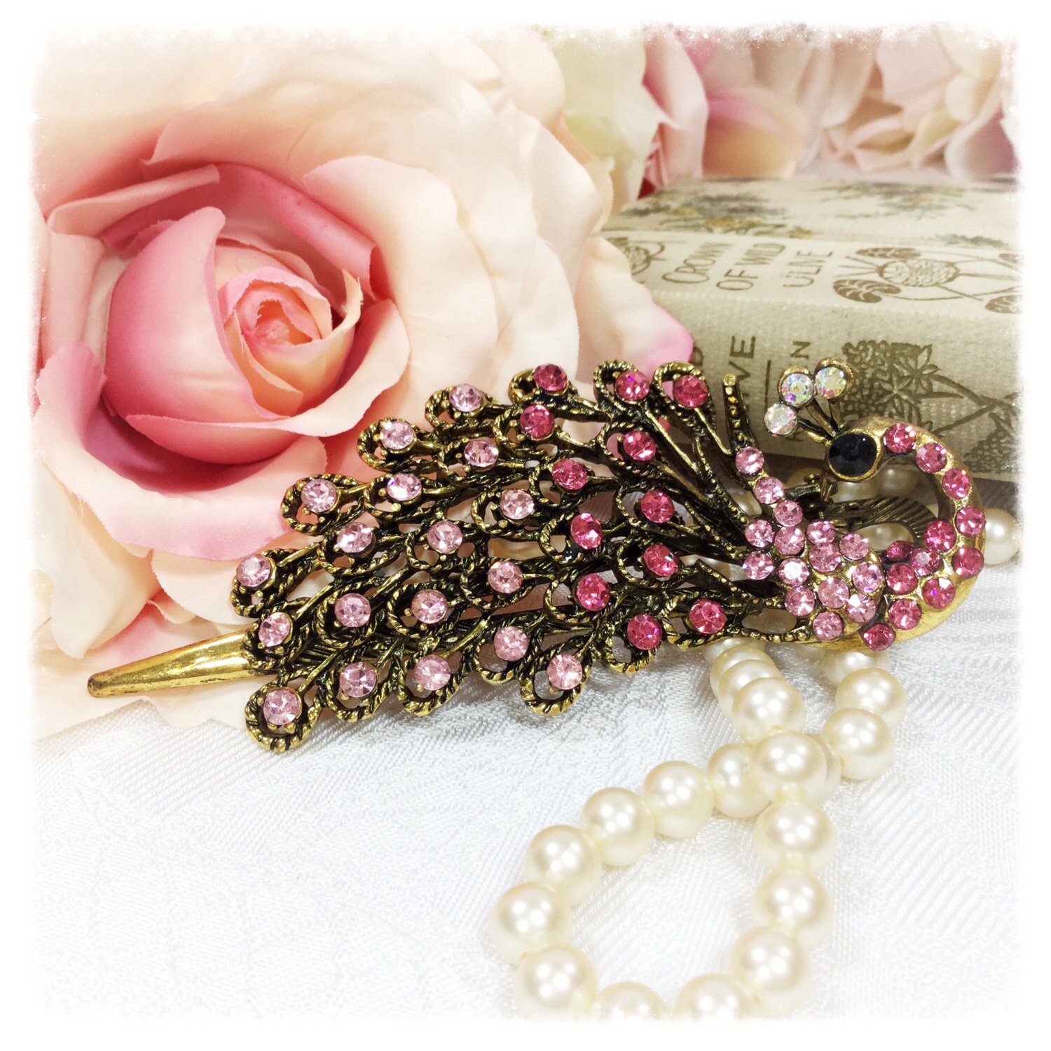 Antique Gold & Pink Rhinestone Peacock Hair Clip Rhinestones  display picture 2