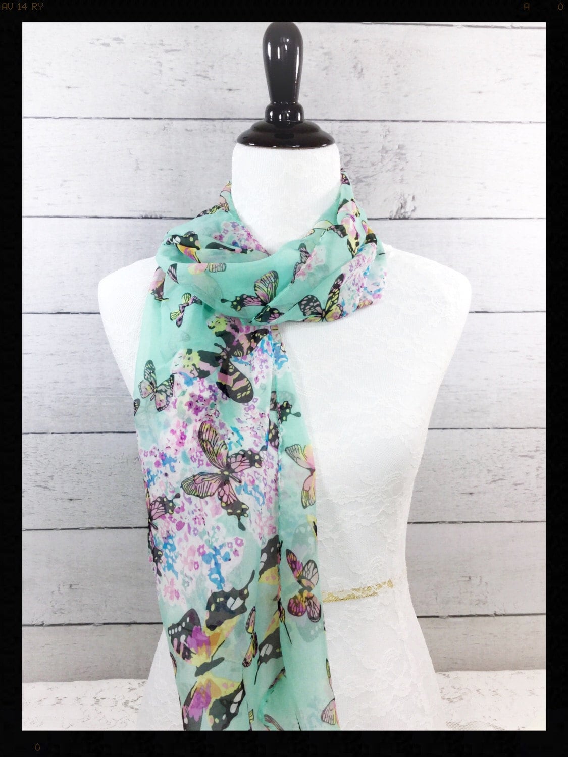Stunning Mint Green Ladies Chiffon Summer Scarf With Butterlies, Long