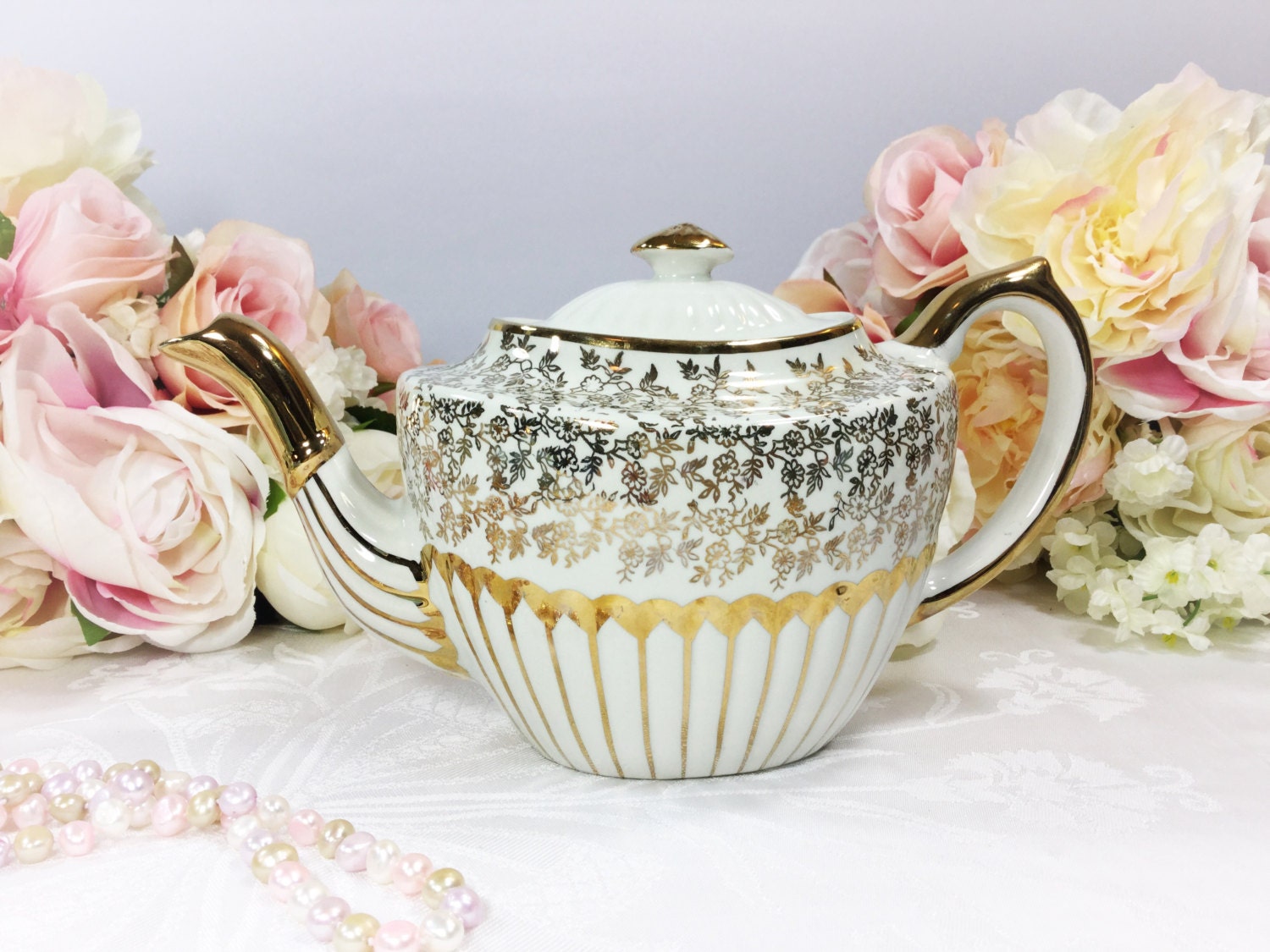 Dazzling RARE Antique Gibsons Gold Gilt Chintz Teapot Staffordshire