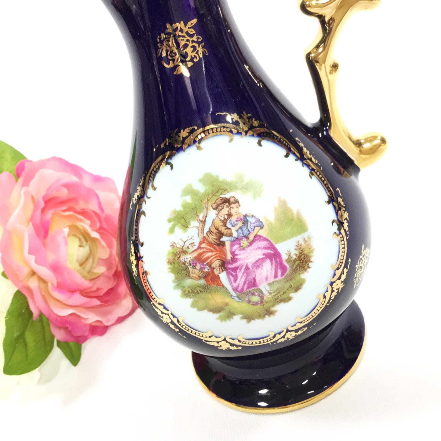 Cobalt Blue Limoges Fragonard Small Pitcher, Blue Fragonard Limoges