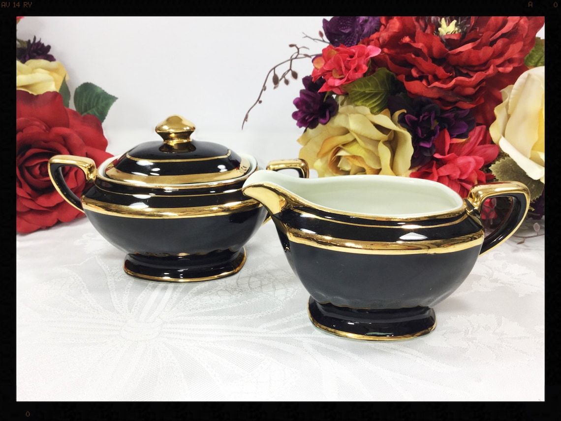 Elegant Vintage Black and Gold Hall Teapot Creamer & Covered Etsy
