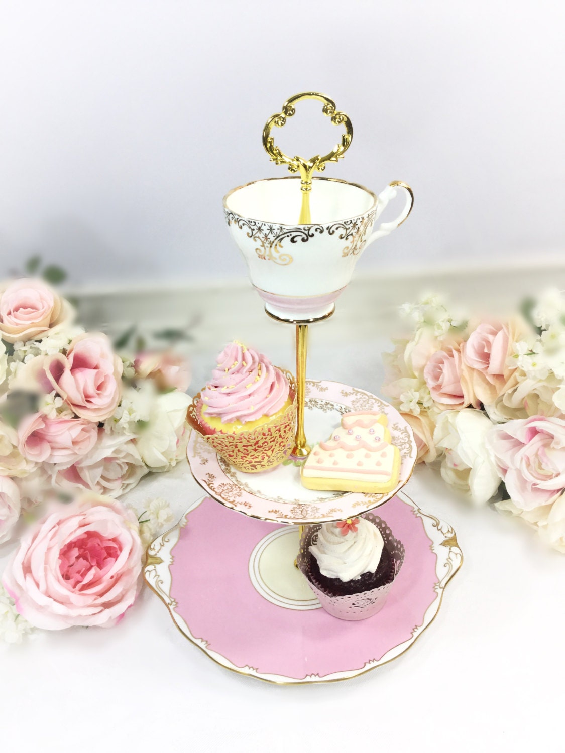 Pink Floral 3 Tier Dessert Cake Serving Tray, Sandwich Platter Serving