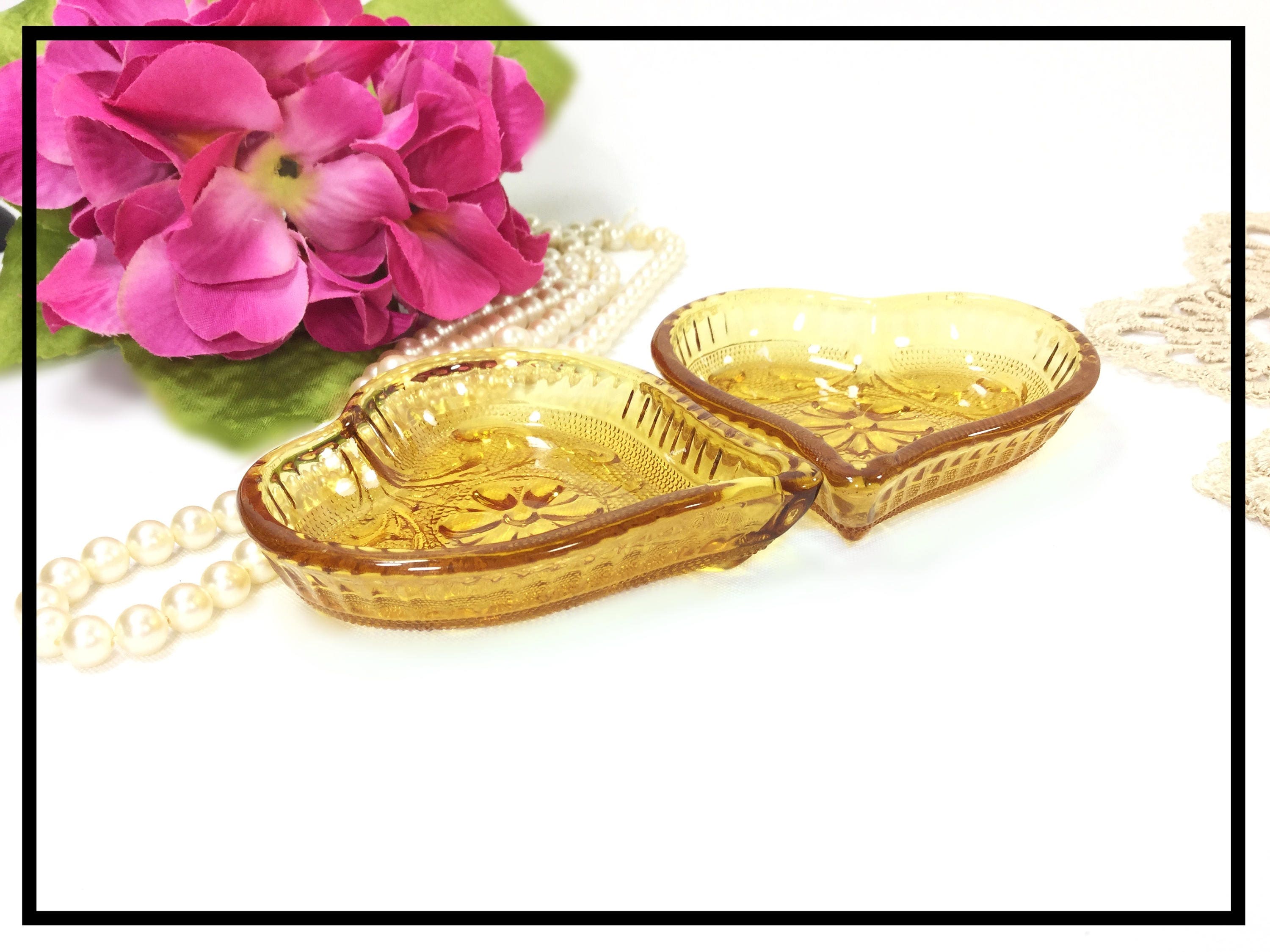 Set of 2 Amber Tiara Heart Shaped Dishes, Garish Dish, Amber Tiara Nut