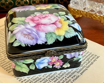 AK Kaiser Dresden Style German Porcelain Trinket Box, Black Floral Keepsake Box #B775