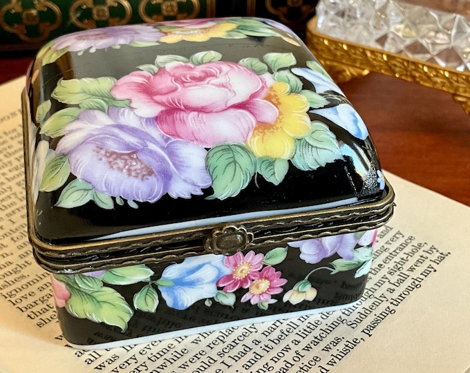 AK Kaiser Dresden Style German Porcelain Trinket Box, Black Floral Keepsake Box #B775