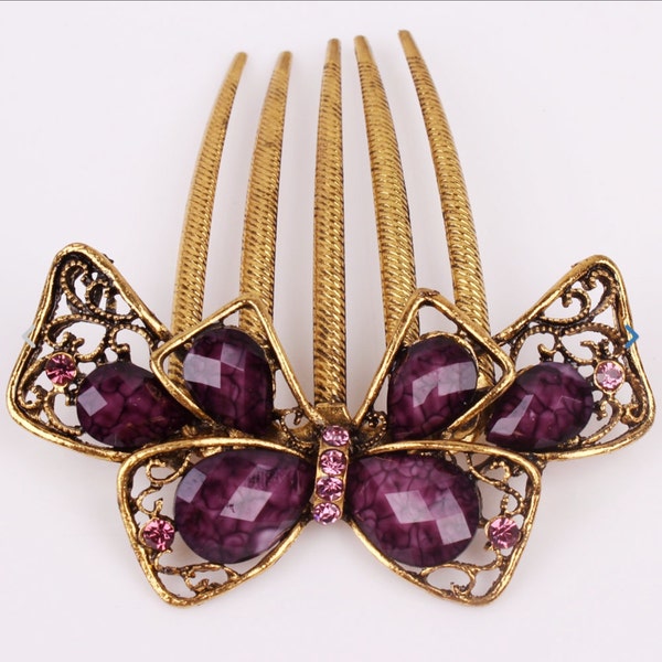 Austrian Crystal Purple & Gold Bow Colored Hair Comb, Hair Pin, Hair Jewelry, Bridesmaid Gift #A336