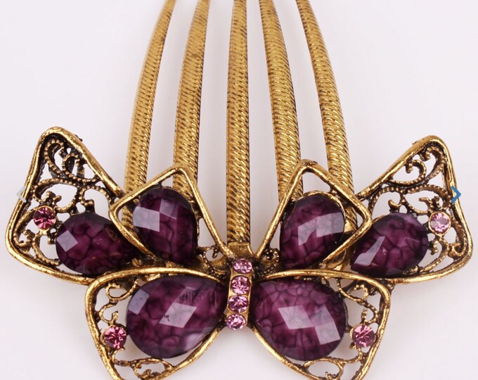 Austrian Crystal Purple & Gold Bow Colored Hair Comb, Hair Pin, Hair Jewelry, Bridesmaid Gift #A336